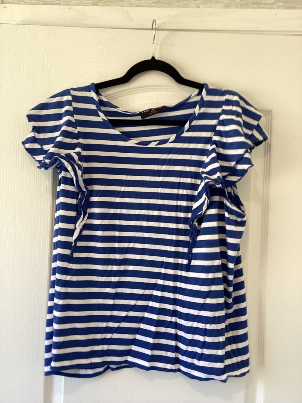 Lane Bryant Blue and White Striped Ruffle Sleeve Tee 18/20 EUC